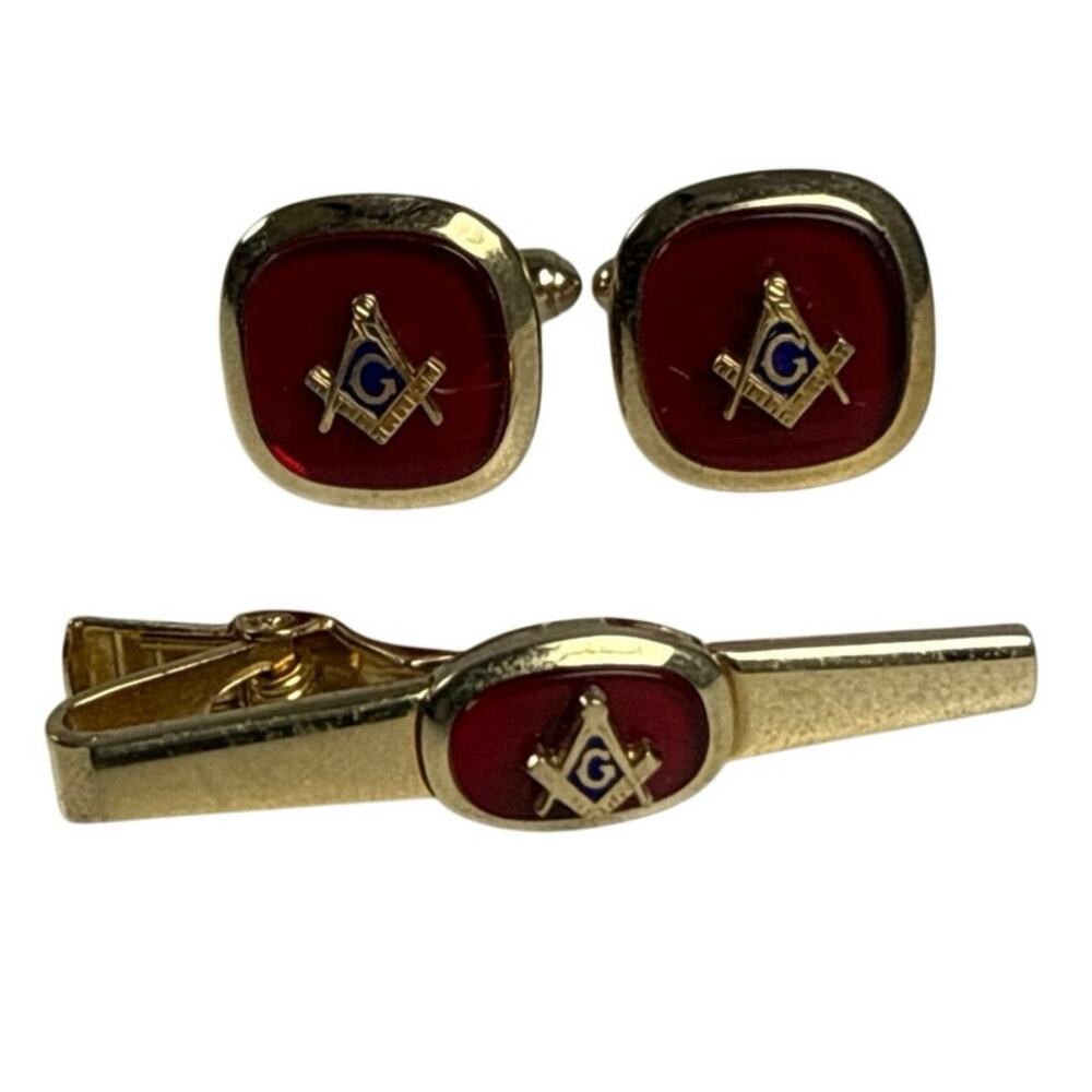 Vintage 60s Anson Masonic Red Enamel Cufflinks and Tie Clip Set